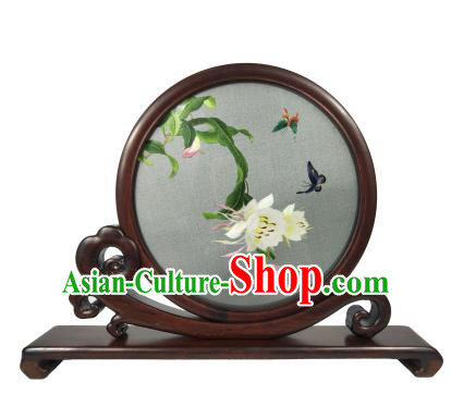 Chinese Suzhou Embroidery Craft Embroidered Epiphyllum Painting Table Screen Rosewood Decoration