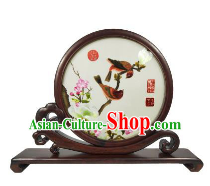 Chinese Embroidered Mangnolia Bird Painting Table Screen Rosewood Decoration Suzhou Embroidery Craft