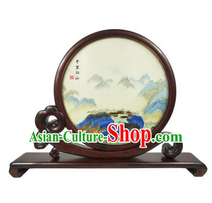 Chinese Embroidered The Vast Land Painting Table Screen Decoration Suzhou Embroidery Rosewood Craft
