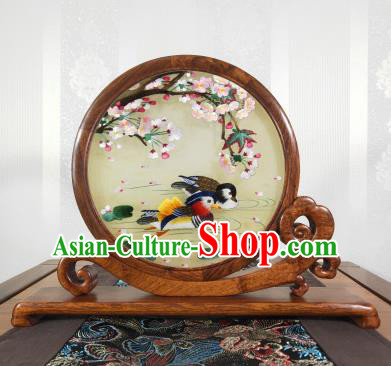 China Palisander Table Screen Handmade Suzhou Embroidery Craft Chinese Embroidered Mandarin Duck Decoration