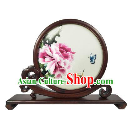 Chinese Embroidered Peony Butterfly Screen Traditional Rosewood Table Decoration Handmade Double Side Suzhou Embroidery Screen Craft