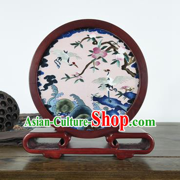 Handmade Embroidered Wave Crane Painting Table Screen China Traditional Craft Rosewood Home Decoration