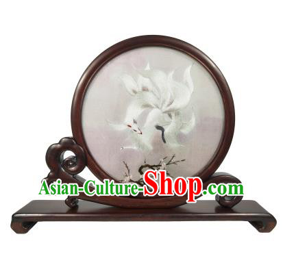 Chinese Suzhou Embroidery Nine Tail Fox Table Decoration Double Side Embroidered Screen Traditional Rosewood Screen