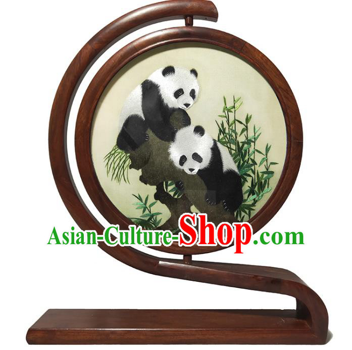 Handmade Panda Painting Table Screen China Rosewood Home Decoration Traditional Double Side Embroidered Craft for Gift