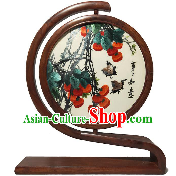 China Handmade Persimmon Painting Table Screen Traditional Double Side Embroidered Craft Rosewood Home Decoration for Gift