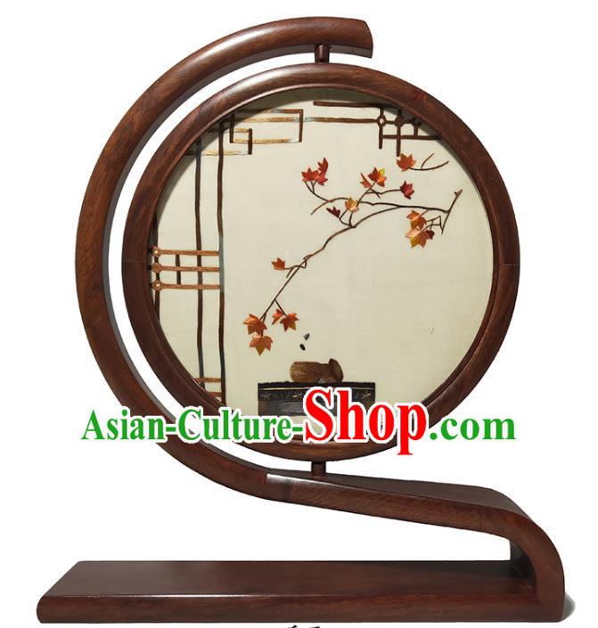 China Traditional Craft Handmade Double Side Embroidered Screen Rosewood Table Screen