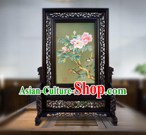 China Embroidered Peony Screen Traditional Home Furnishings Handmade Craft Wood Carving Table Screen
