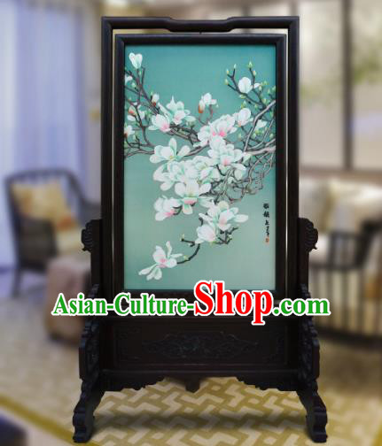 China Handmade Wood Carving Double Side Table Screen Traditional Home Furnishings Embroidered Mangnolia Screen