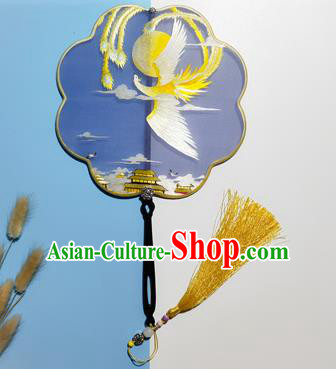 Traditional Handmade Double Side Hanfu Fan Classical Dance Embroidered Palace Fan China Suzhou Embroidery Phoenix Blue Silk Fan
