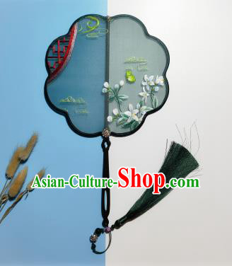 Traditional Classical Dance Embroidered Palace Fan China Suzhou Embroidery Orchids Green Silk Fan Handmade Double Side Hanfu Fan