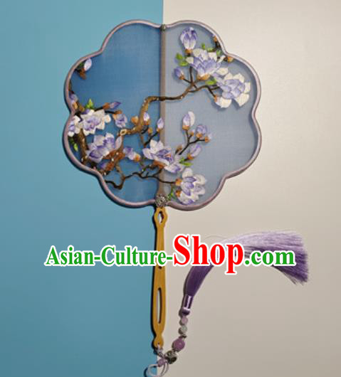 China Suzhou Embroidery Mangnolia Silk Fan Traditional Embroidered Palace Fan Handmade Double Side Hanfu Fan