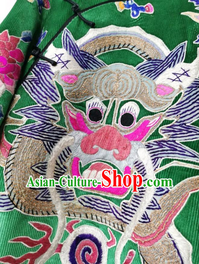 Traditional Chinese Embroidered Dragon Cheongsam Green Corduroy Qipao Dress