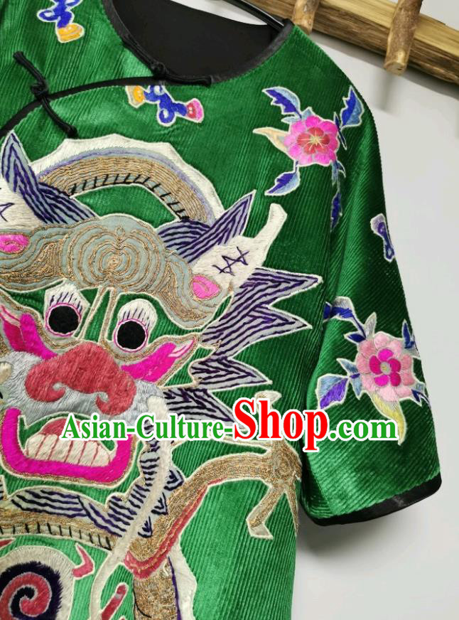 Traditional Chinese Embroidered Dragon Cheongsam Green Corduroy Qipao Dress