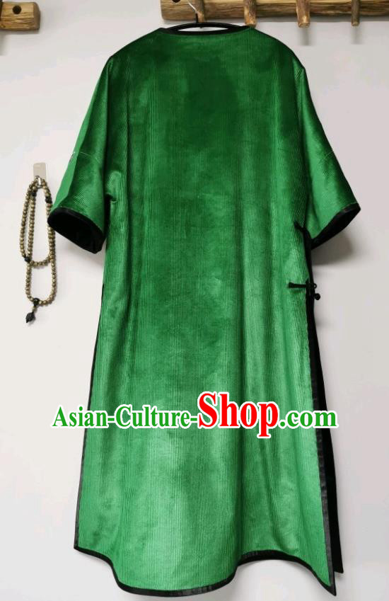 Traditional Chinese Embroidered Dragon Cheongsam Green Corduroy Qipao Dress
