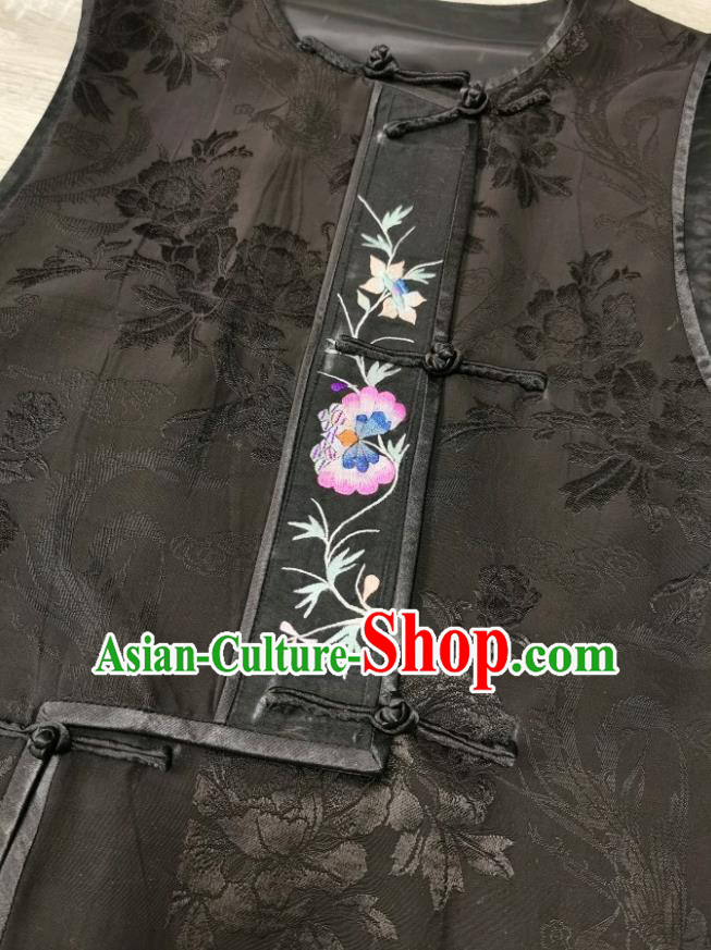 Top Grade China Black Silk Vest Traditional Tang Suit Upper Outer Garment Embroidered Waistcoat