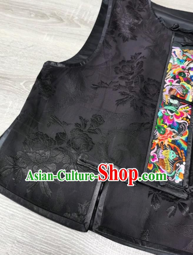 Top Grade Embroidered Waistcoat China Black Silk Vest Traditional Tang Suit Upper Outer Garment