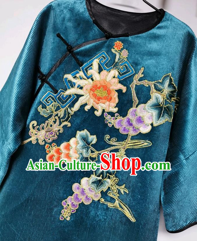 Chinese Embroidered Cheongsam Traditional Blue Corduroy Qipao Dress