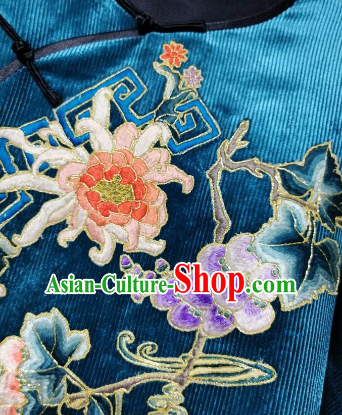 Chinese Embroidered Cheongsam Traditional Blue Corduroy Qipao Dress