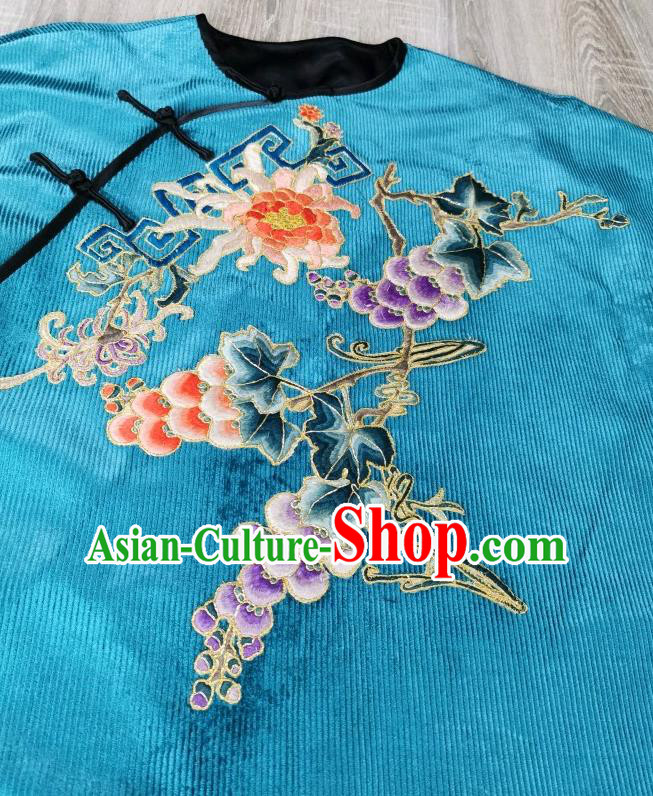 Chinese Embroidered Cheongsam Traditional Blue Corduroy Qipao Dress