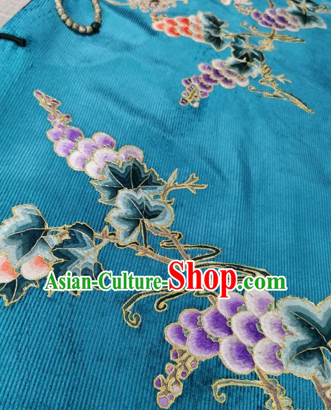 Chinese Embroidered Cheongsam Traditional Blue Corduroy Qipao Dress