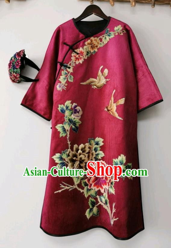 Chinese Embroidered Cheongsam Traditional Wine Red Corduroy Qipao Dress National Clothing