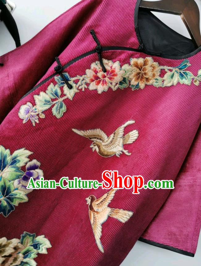 Chinese Embroidered Cheongsam Traditional Wine Red Corduroy Qipao Dress National Clothing