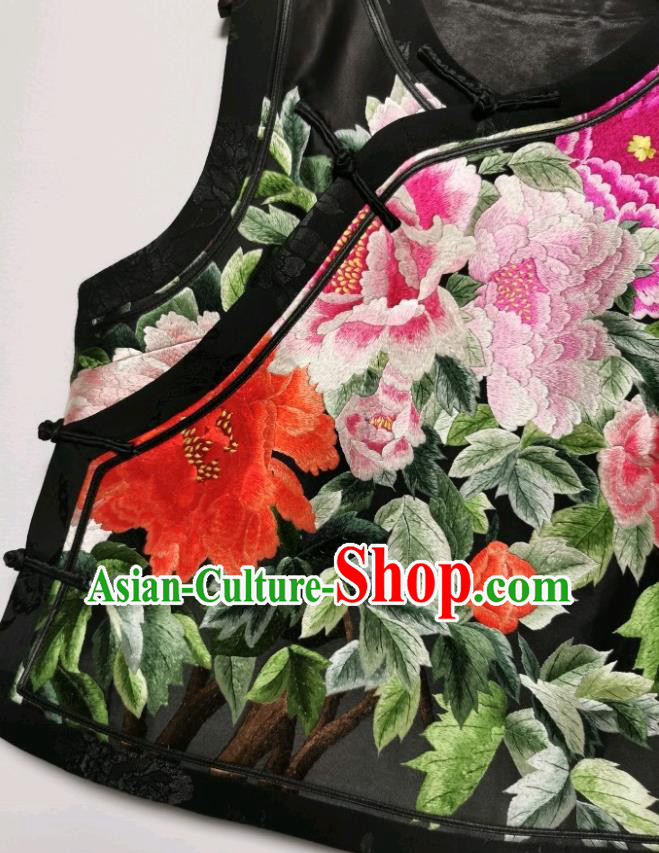 Top Grade Embroidered Peony Waistcoat China Traditional Tang Suit Upper Outer Garment Black Vest