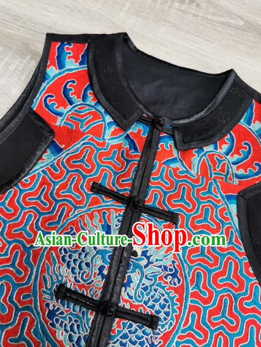 Top Grade China Traditional Upper Outer Garment Waistcoat Tang Suit Embroidered Dragon Red Silk Vest