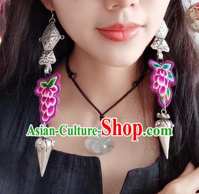 Traditional China Ethnic Embroidered Grape Earrings Handmade Ear Accessories Silver Carving Jewelry for Women