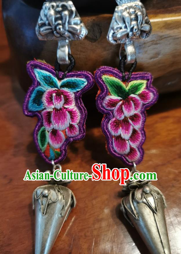 Traditional China Ethnic Embroidered Grape Earrings Handmade Ear Accessories Silver Carving Jewelry for Women