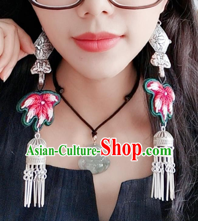 Traditional China Ethnic Embroidered Maple Leaf Earrings Handmade Ear Accessories Silver Birdcage Jewelry for Women