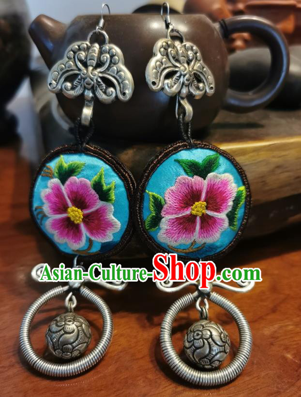 Traditional China Ethnic Blue Embroidered Earrings Silver Jewelry Handmade Ear Accessories for Women