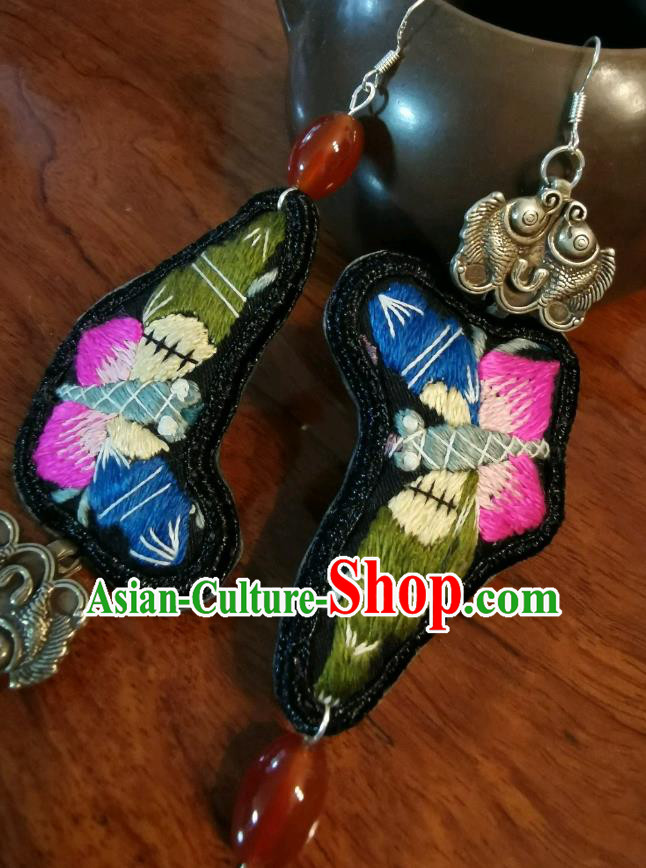 Traditional China Silver Fishes Jewelry Handmade Ear Accessories Ethnic Embroidered Butterfly Earrings for Women
