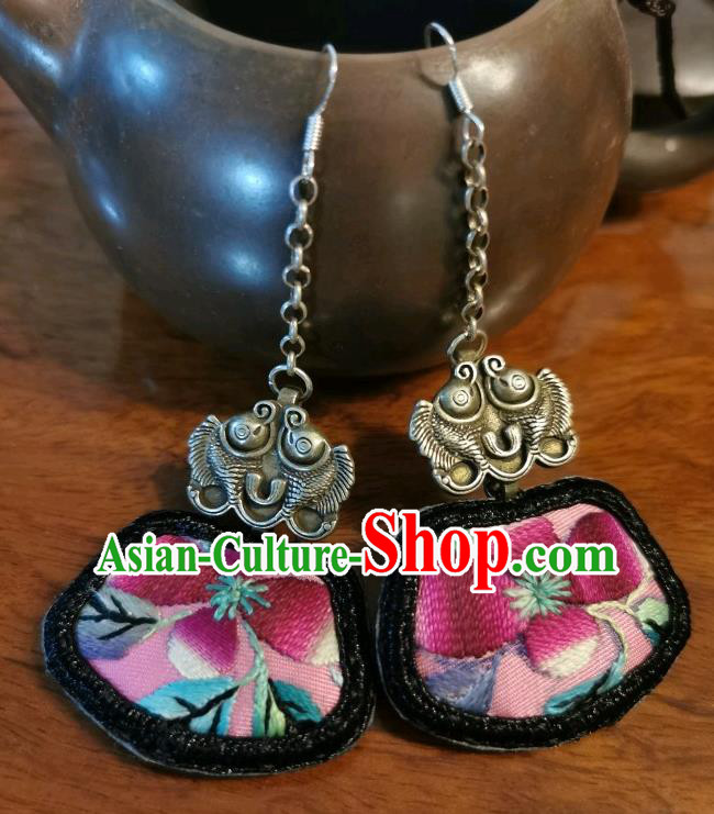 China Ethnic Pink Embroidered Earrings Handmade Ear Accessories Traditional Silver Fishes Jewelry for Women