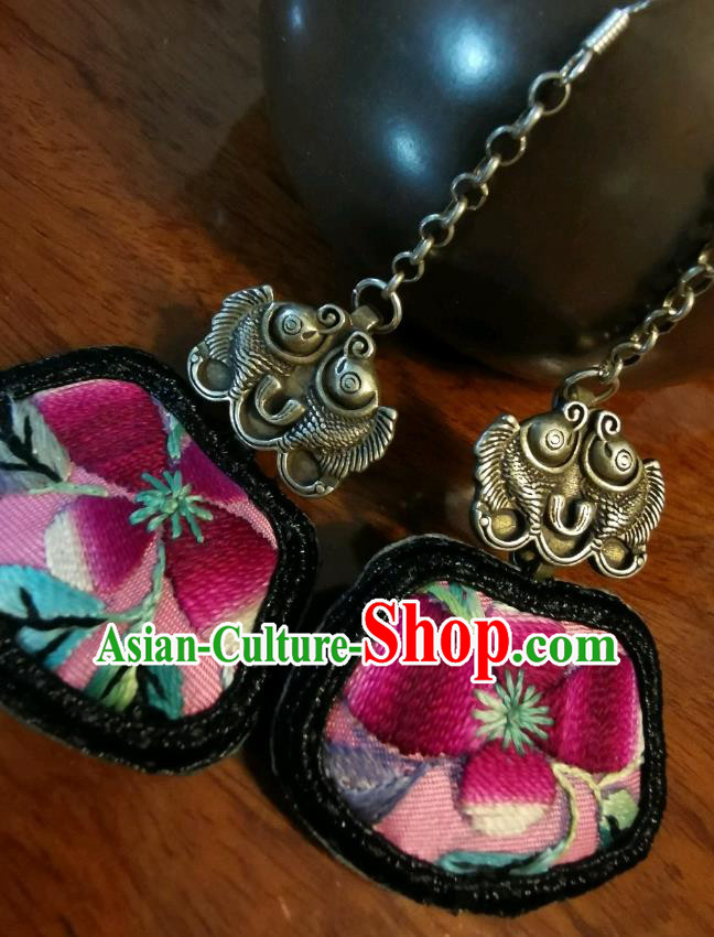 China Ethnic Pink Embroidered Earrings Handmade Ear Accessories Traditional Silver Fishes Jewelry for Women
