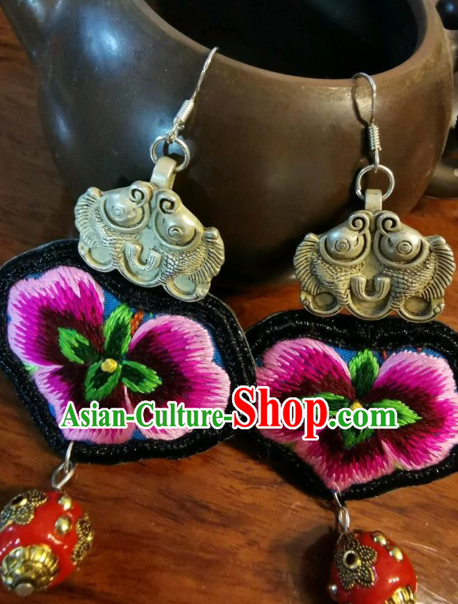 Handmade China Ethnic Red Ceramics Bead Earrings Traditional Silver Fishes Jewelry Embroidered Ear Accessories for Women