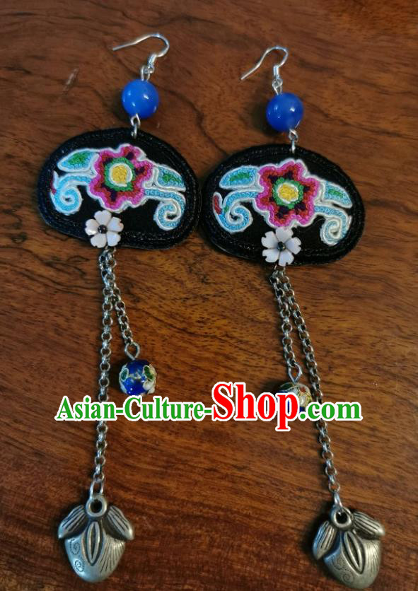 Handmade China Ethnic Earrings Traditional Embroidered Ear Accessories Silver Tassel Jewelry for Women