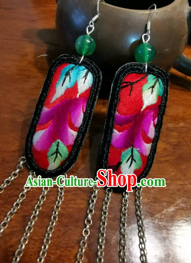 Handmade China Ethnic Red Embroidered Earrings Traditional Silver Fishes Ear Jewelry Tassel Accessories for Women