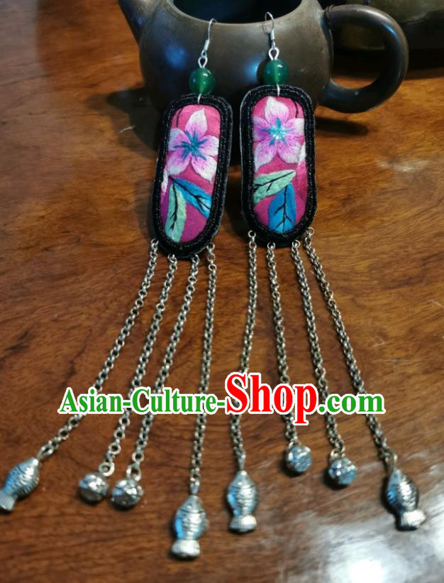 Handmade China Traditional Silver Fishes Ear Jewelry Tassel Accessories Ethnic Pink Embroidered Earrings for Women