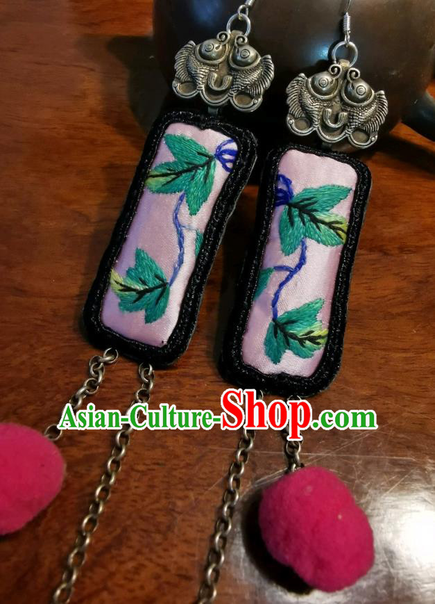 Handmade China Traditional Silver Tassel Ear Jewelry Accessories Ethnic Pink Embroidered Earrings for Women