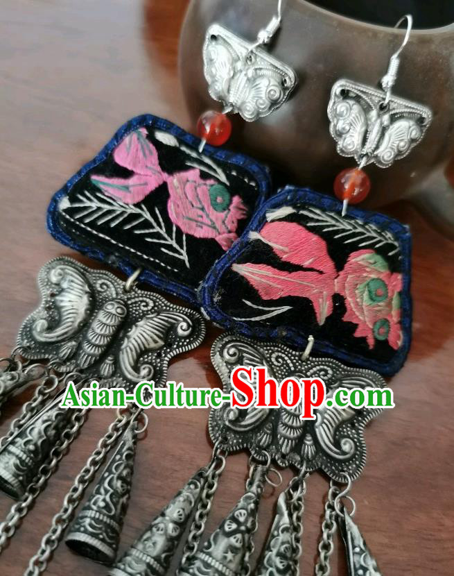 Handmade China Ethnic Embroidered Goldfish Earrings Silver Carving Butterfly Eardrop Traditional Accessories for Women