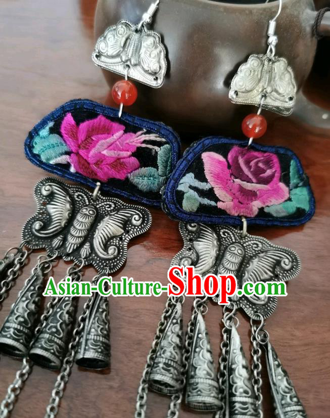 Handmade China Silver Carving Butterfly Tassel Eardrop Traditional Accessories Ethnic Embroidered Rose Earrings for Women