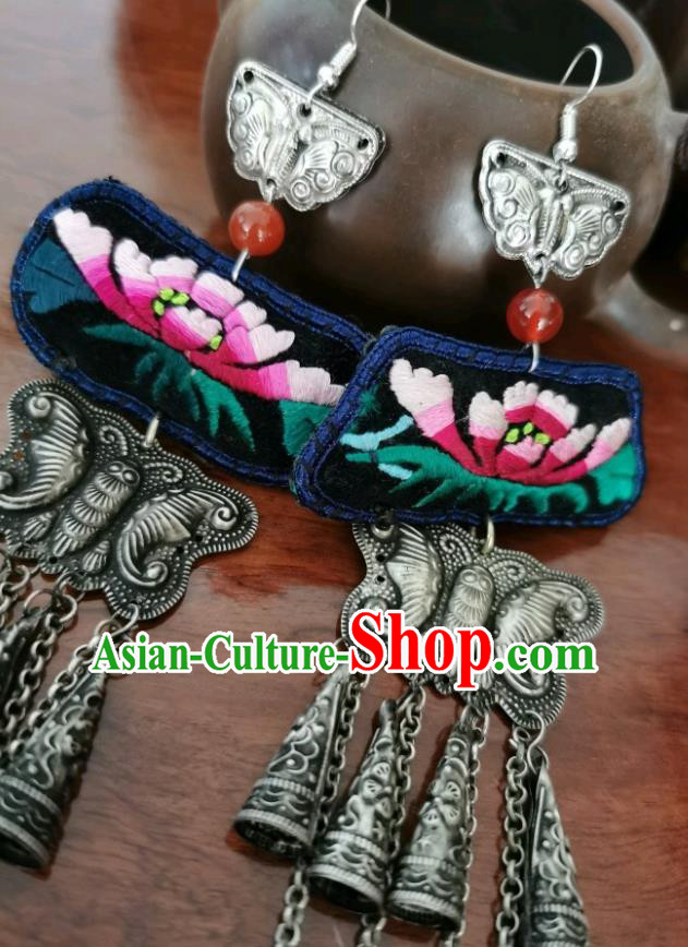 China Traditional Accessories Handmade Silver Carving Butterfly Tassel Eardrop Ethnic Embroidered Peony Earrings for Women