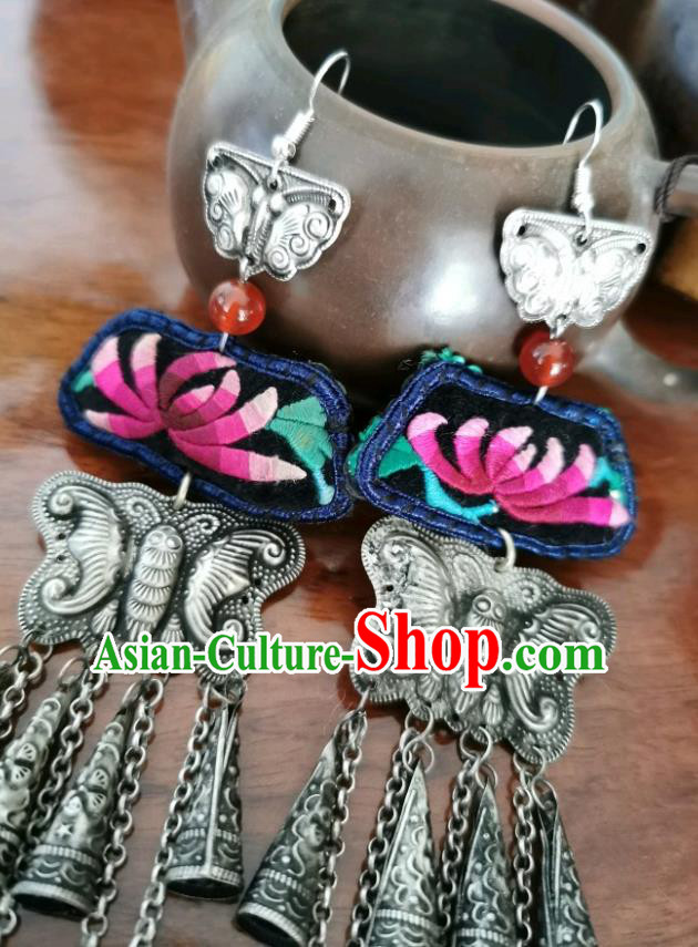 China Traditional Accessories Ethnic Embroidered Earrings Handmade Silver Carving Butterfly Tassel Eardrop for Women