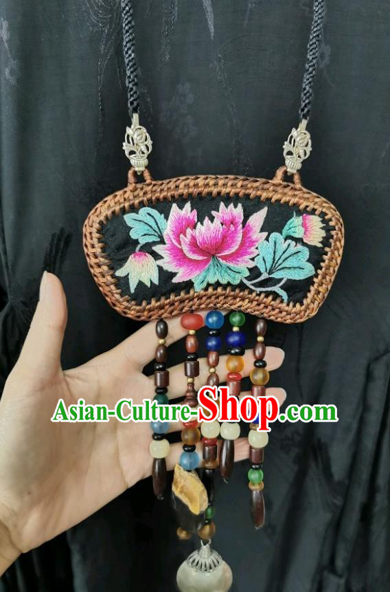 Traditional China Ethnic Black Embroidered Necklet Accessories Beads Tassel Necklace Handmade Rattan Jewelry for Women
