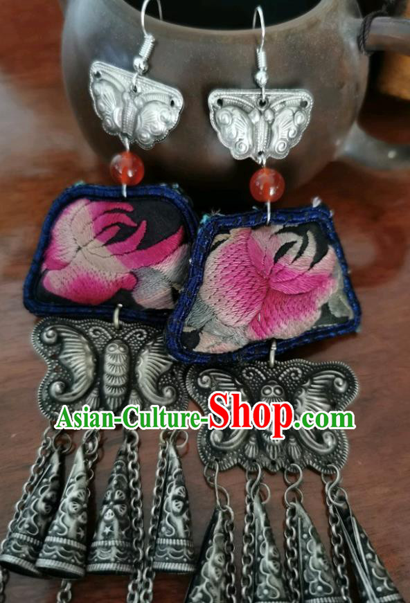 China Handmade Silver Carving Butterfly Tassel Eardrop Embroidered Earrings Traditional Ethnic Accessories for Women