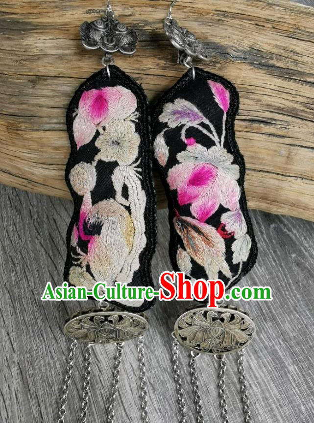 China Handmade Long Tassel Eardrop Embroidered Earrings Traditional Miao Ethnic Accessories for Women