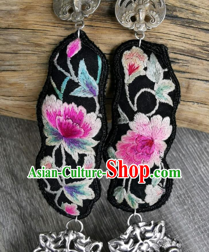 China Handmade Tassel Eardrop Embroidered Peony Earrings Traditional Miao Ethnic Accessories for Women