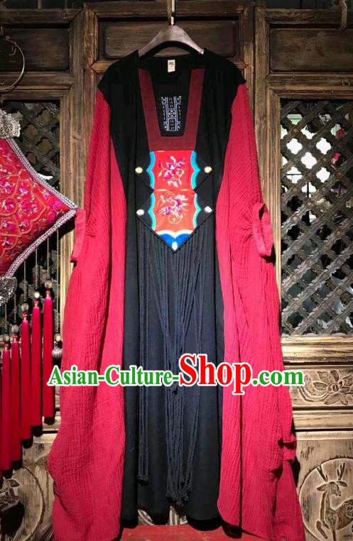 Chinese National Clothing Traditional Minority Women Embroidery Red Robe Costume Embroidered Dress