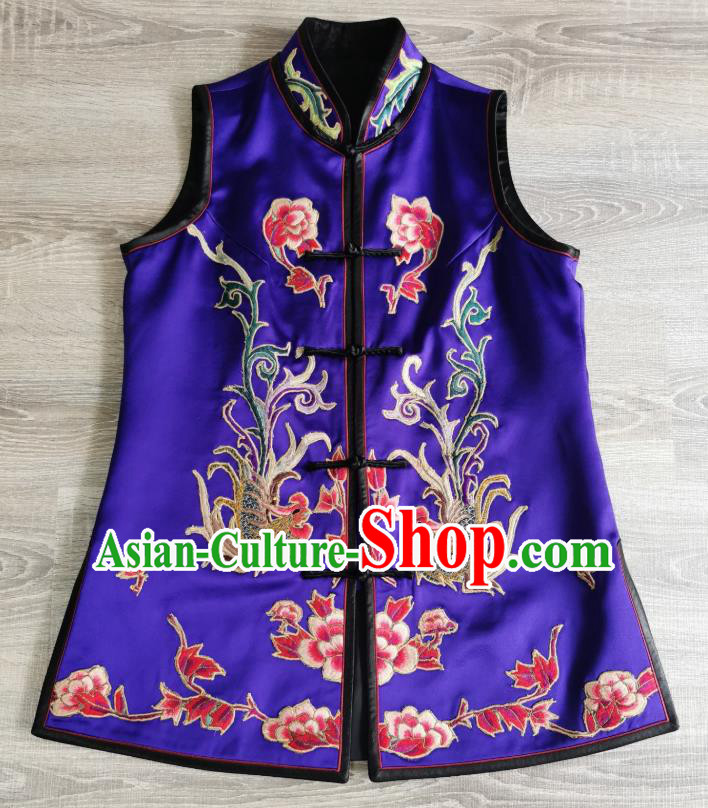 Top Grade China Traditional Purple Silk Waistcoat Winter Upper Outer Garment Tang Suit Embroidered Phoenix Peony Vest